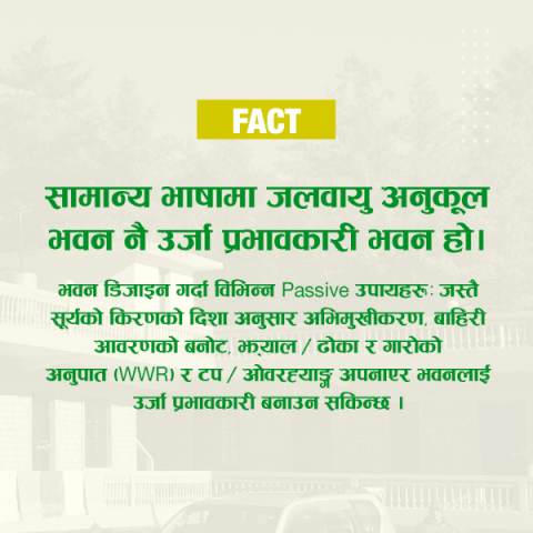 के यो Fact तपाइलाई थाहा थियो? भवन डिजाइन गर्दा विभिन्न Passive उपायहरू: जस्तै सूर्यको किरणको दिशा अनुसार अभिमुखीकरण, बाहिरी आवरणको बनोट,  झयाल/ढाेका र गारोको अनुपात (WWR), र टप/ओवरहाङ्ग अपनाएर भवनलाई उर्जा प्रभावकारी बनाउन सकिन्छ ।