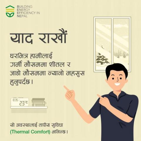 याद राखौं; तापीय सुविधा (Thermal Comfort) भनेको घरभित्रको त्यस्तो अवस्था हो जहाँ हामीलाई न धेरै गर्मी न धेरै जाडो महसुस हुन्छ ।